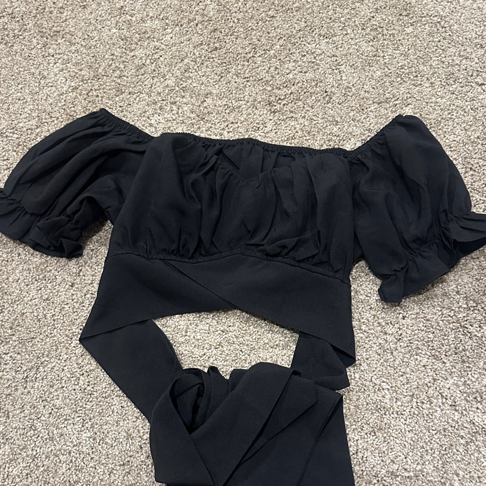 Black Off-Shoulder Puff Sleeve Wrap Crop Top